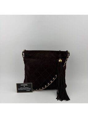 Chanel CC Logo Quilted Chain Shoulder Bag Brown Suede No 5 Vintage